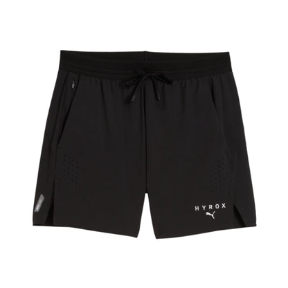 Black Puma shorts with 'HYROX' branding on a white background