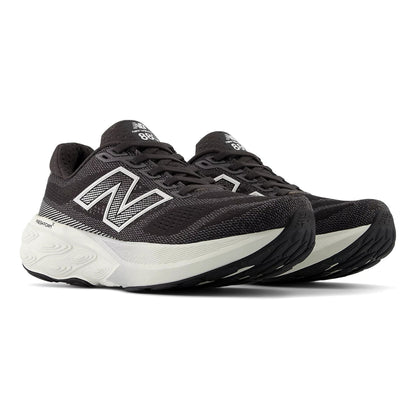 Black running shoes with white sole on a white background