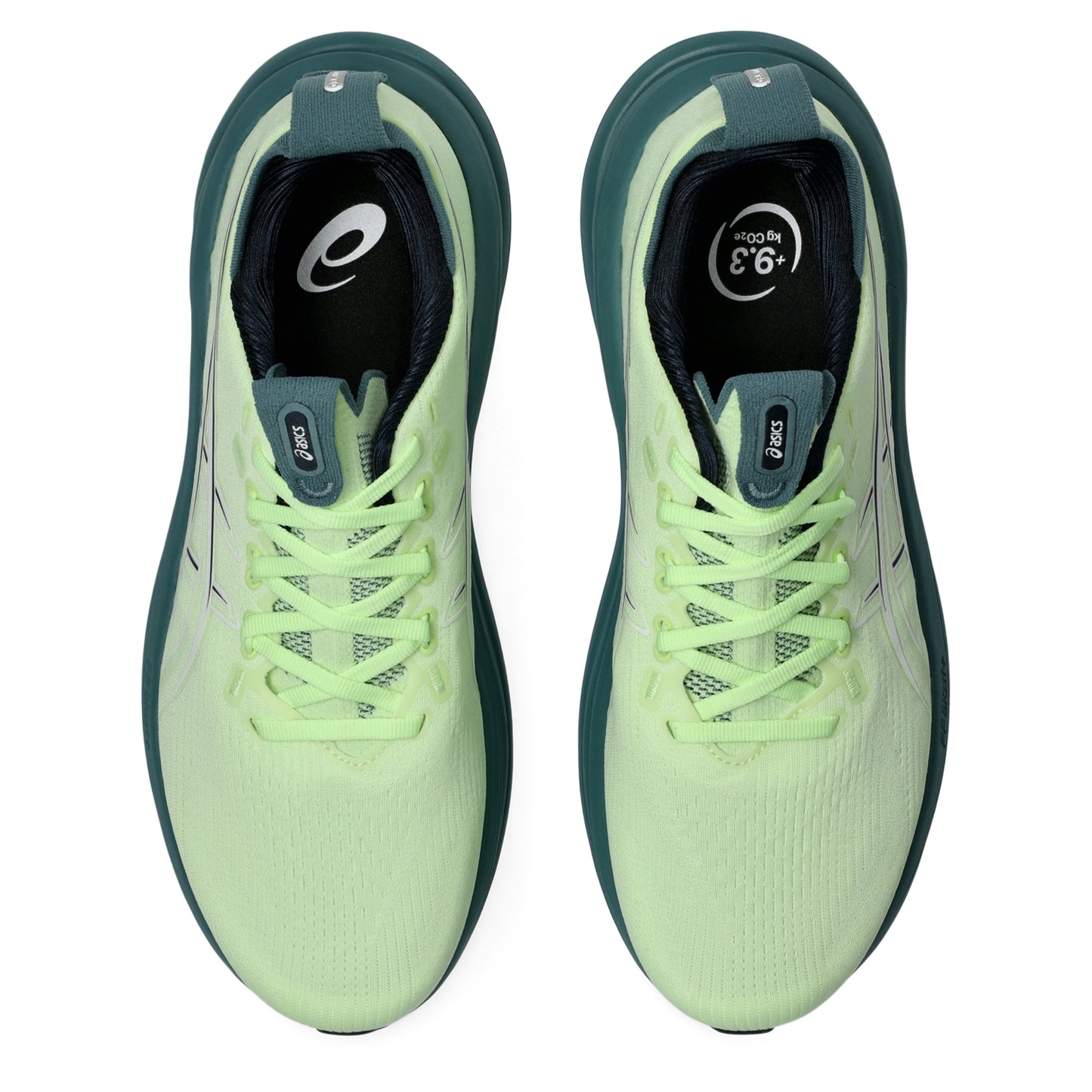 Light green Asics running shoes with a dark green sole on a white background
