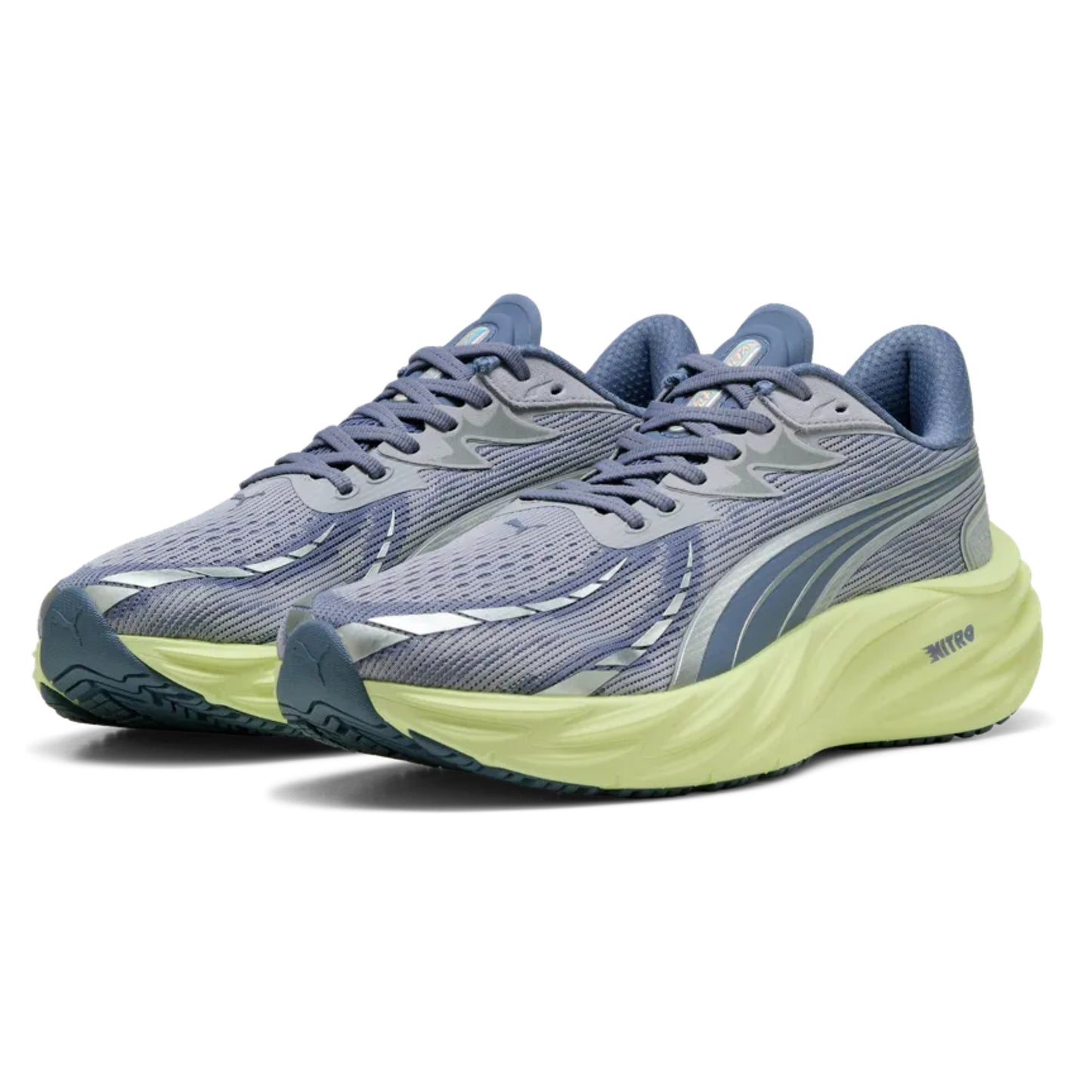 Pair of running shoes with gray and blue design on a white background