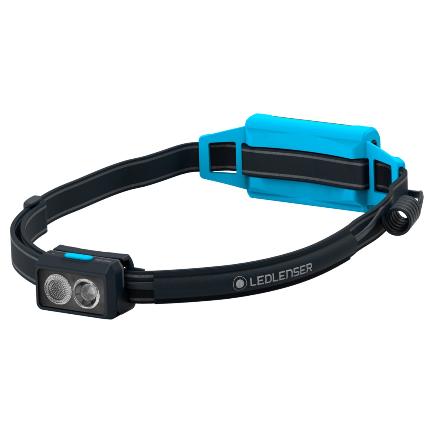 Black and blue LED lenser headlight on a white background