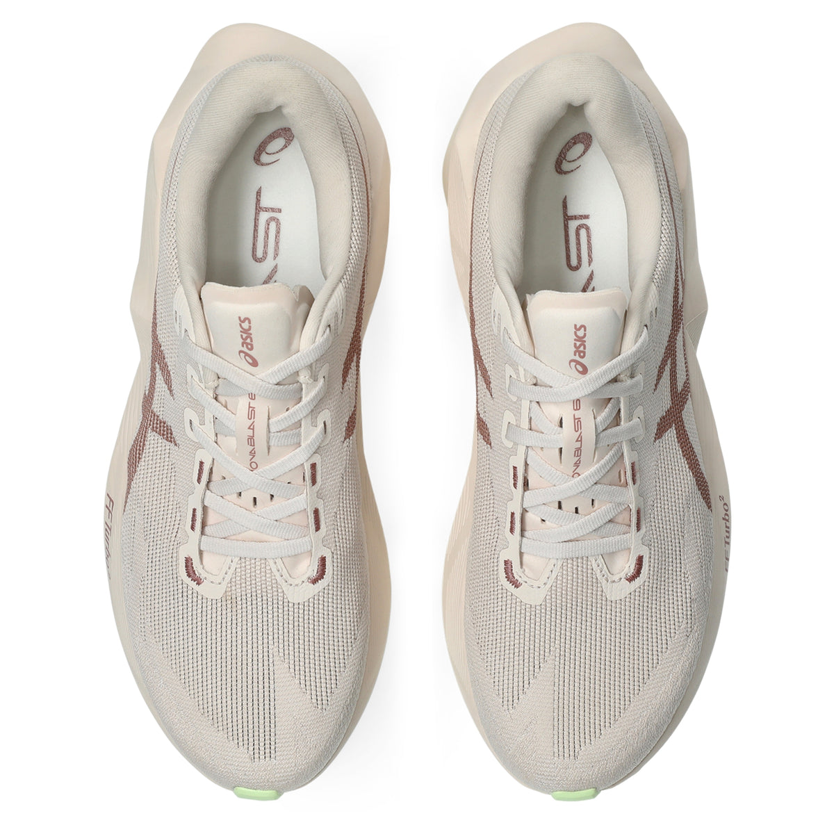A pair of ASICS running shoes in a light cream/off-white mesh with dusty rose accents on the side stripes and laces, shown from a top-down view on a white background.
