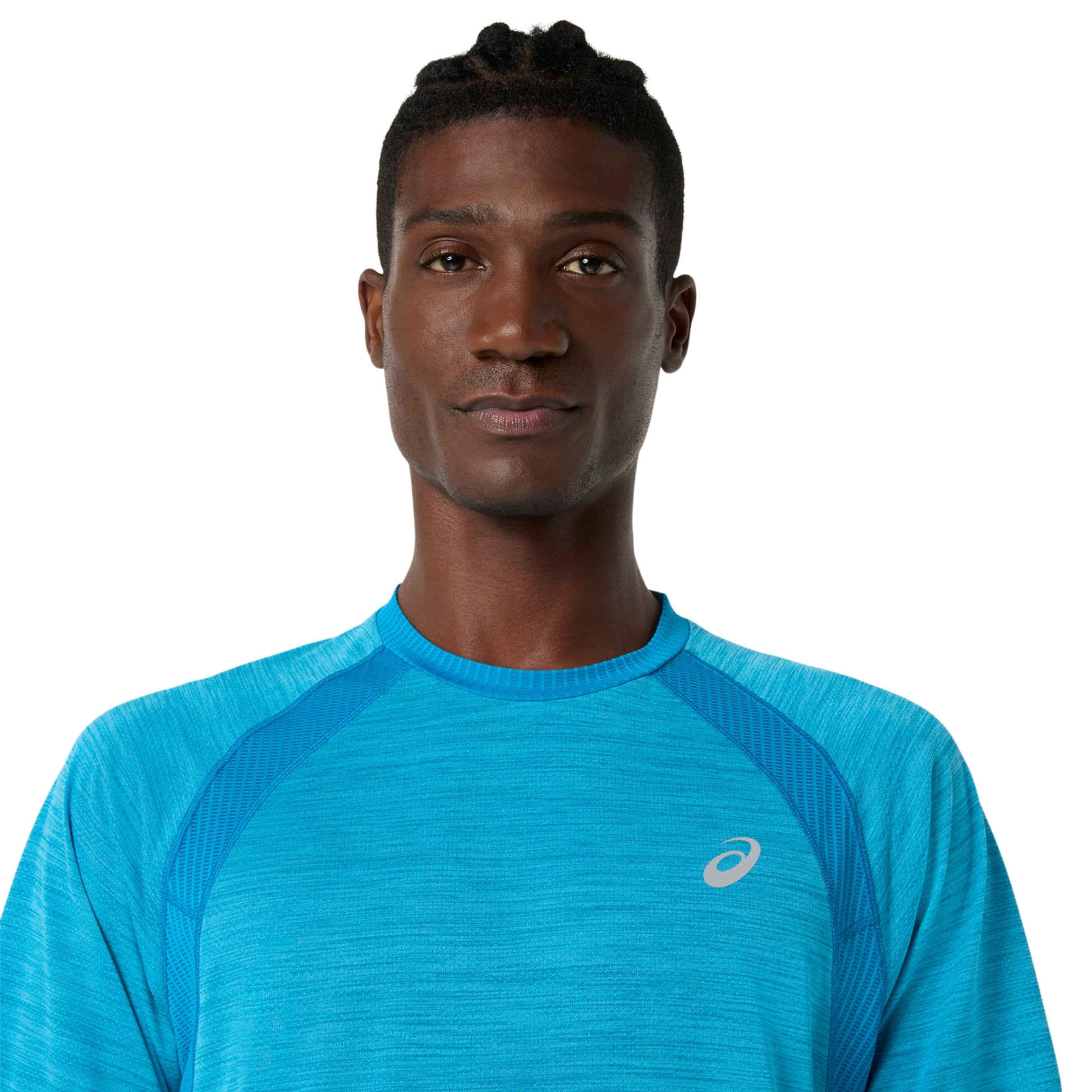Man wearing a blue Asics shirt with a brand logo on a white background