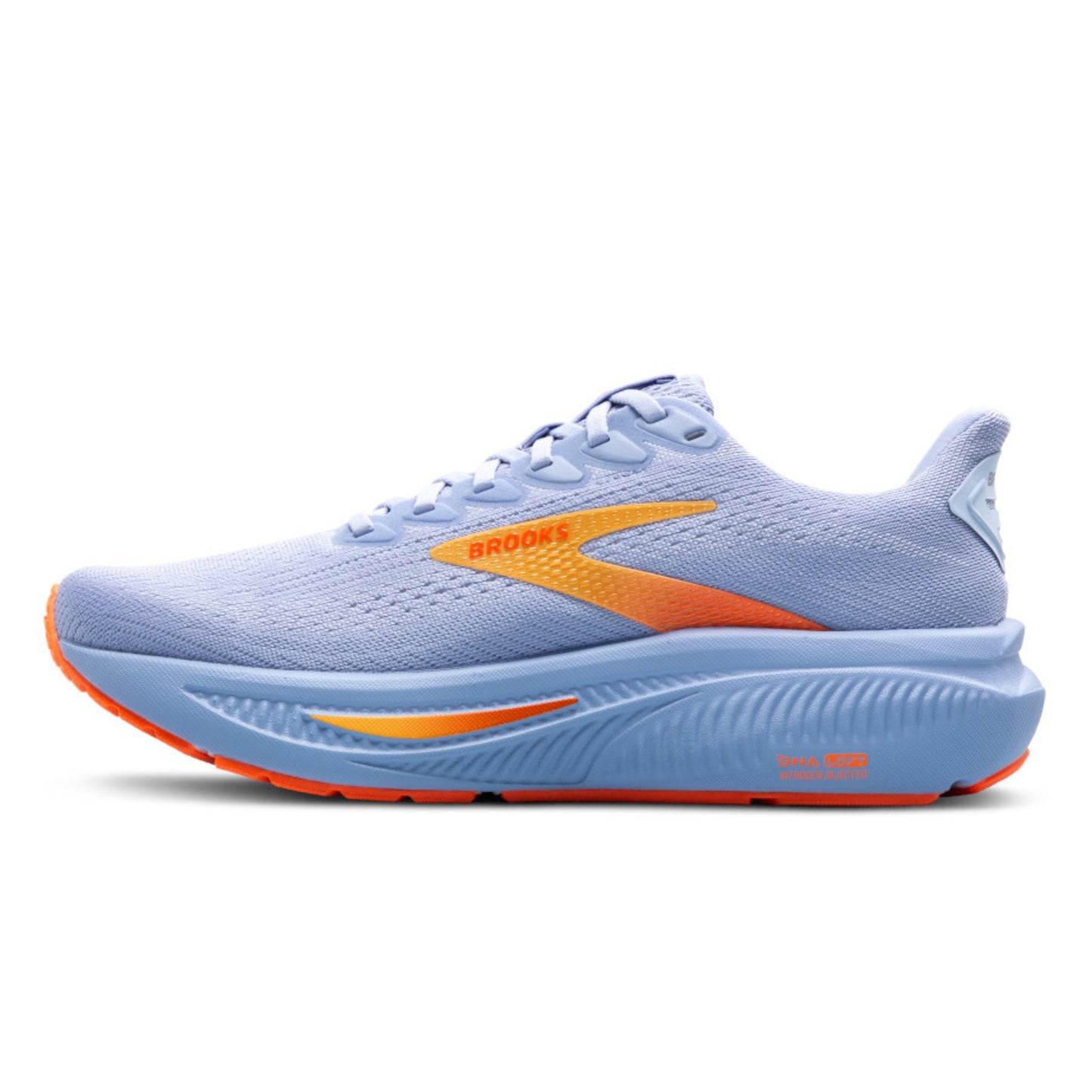 Blue running shoe with orange accents on a white background