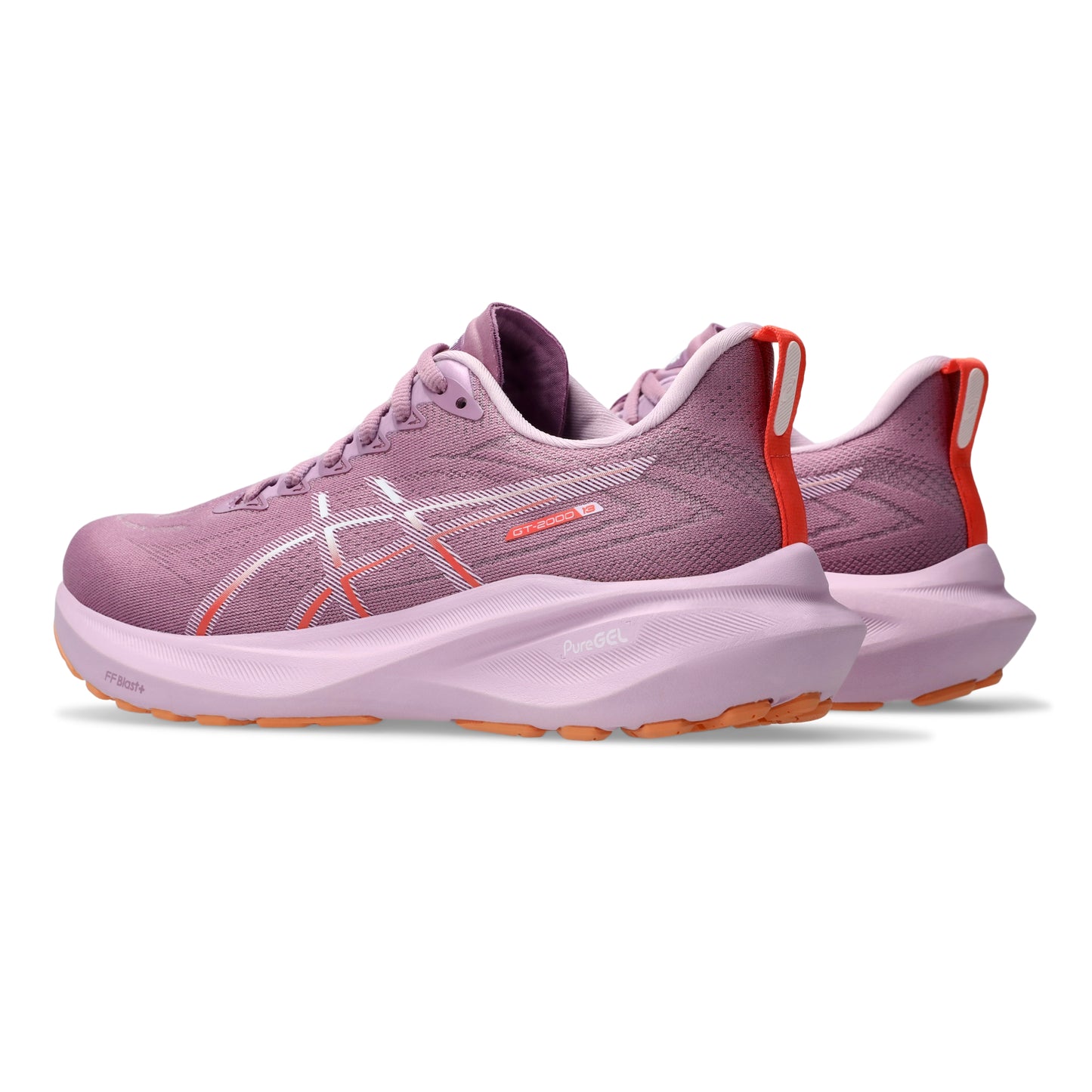 Pair of ube running shoes with orange accents on a white background