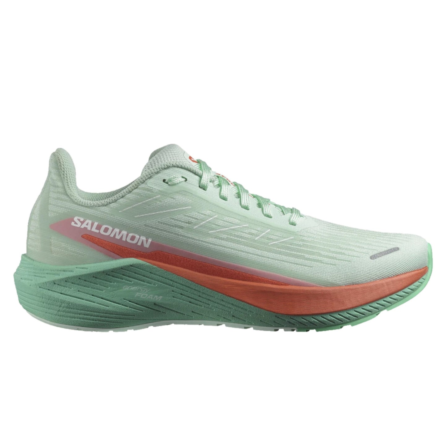 Salomon running shoe with a light green and red design on a white background