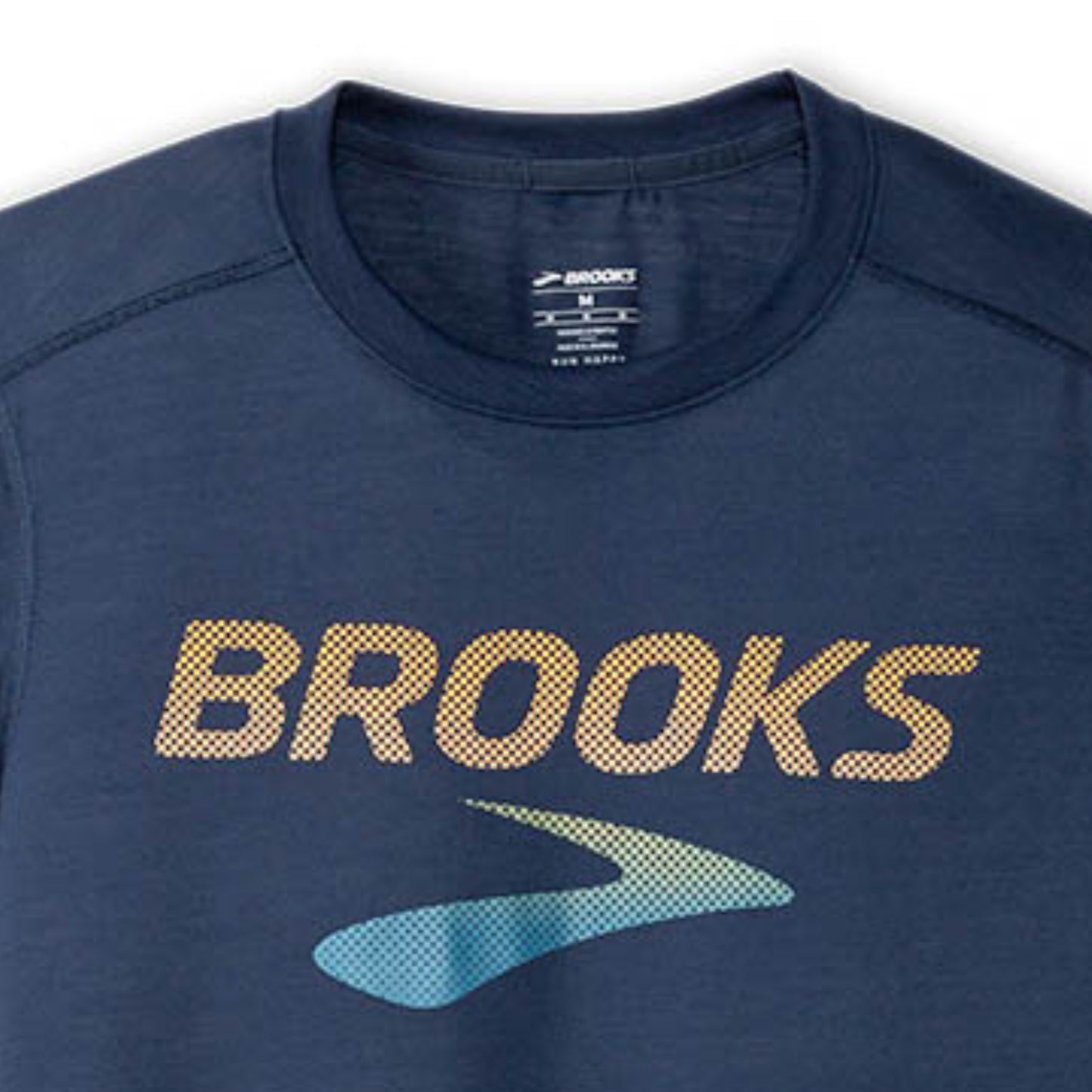 Navy blue athletic shirt with 'Brooks' logo on a white background