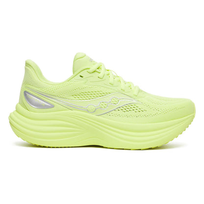 Neon green Saucony running shoe with brand logo on a white background