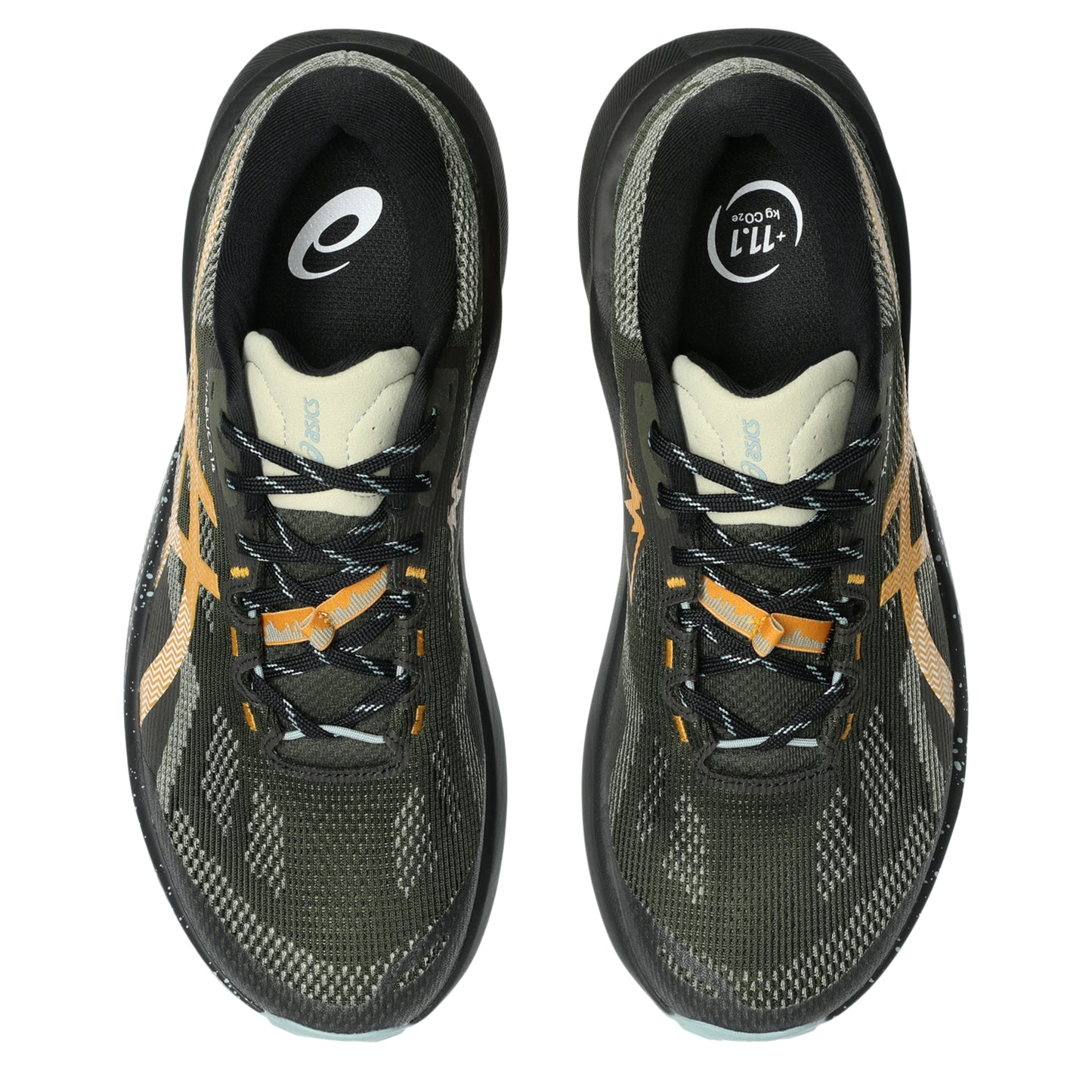 A pair of Asics trail running shoes shown from a top-down view on a white background. The shoes feature a dark olive green and black mesh upper with orange and black laces, and a black and white Asics logo on the tongue.