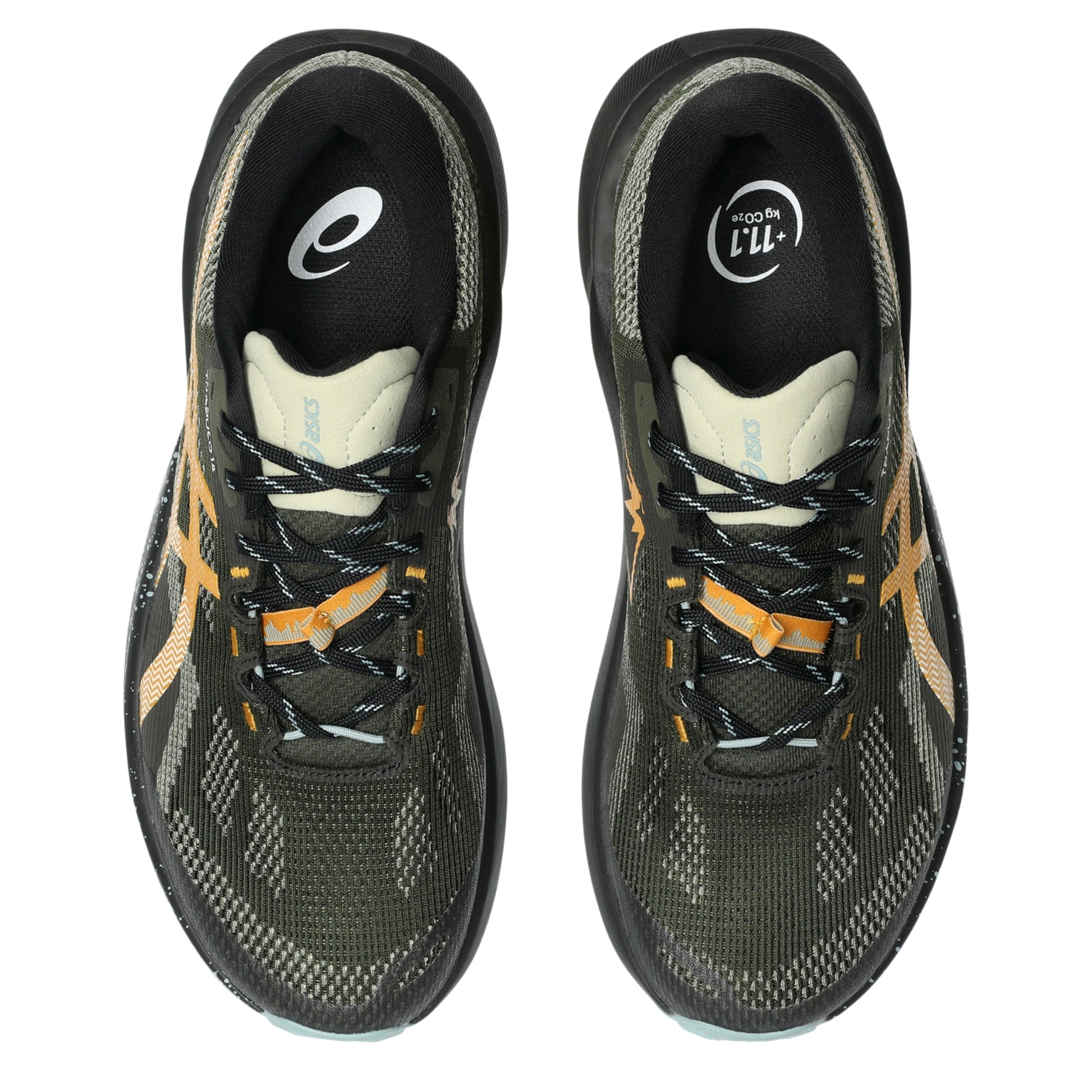 A pair of Asics trail running shoes shown from a top-down view on a white background. The shoes feature a dark olive green and black mesh upper with orange and black laces, and a black and white Asics logo on the tongue.