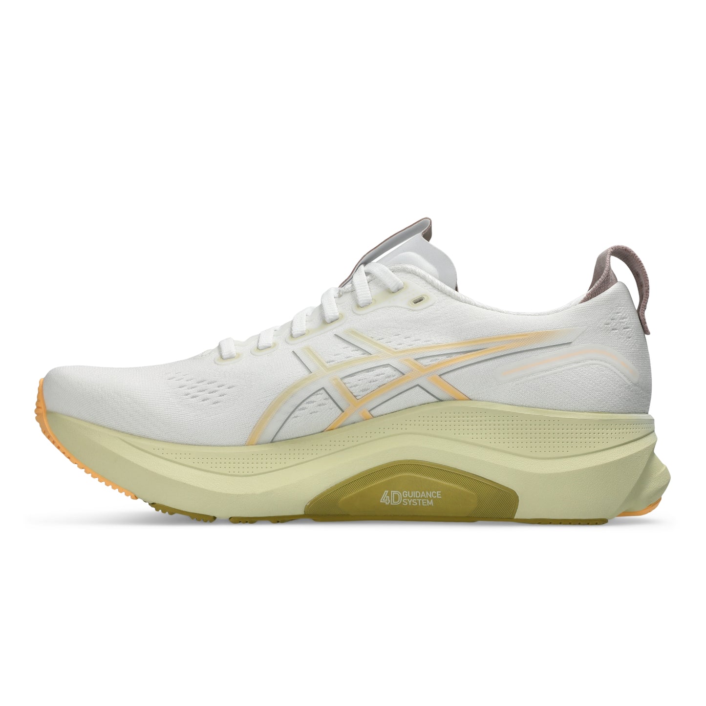 White Asics running shoe with a light sole on a white background