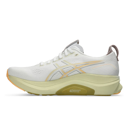 White Asics running shoe with a light sole on a white background