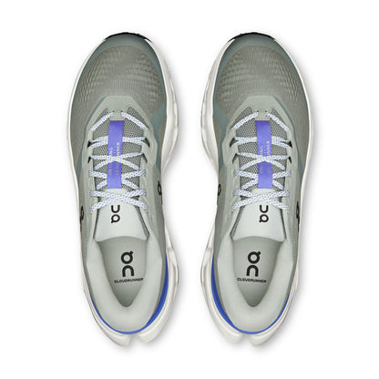 A pair of On running shoes shown from a top-down view, featuring a light gray and white mesh upper with a distinctive purple accent on the laces and a blue accent on the heel.