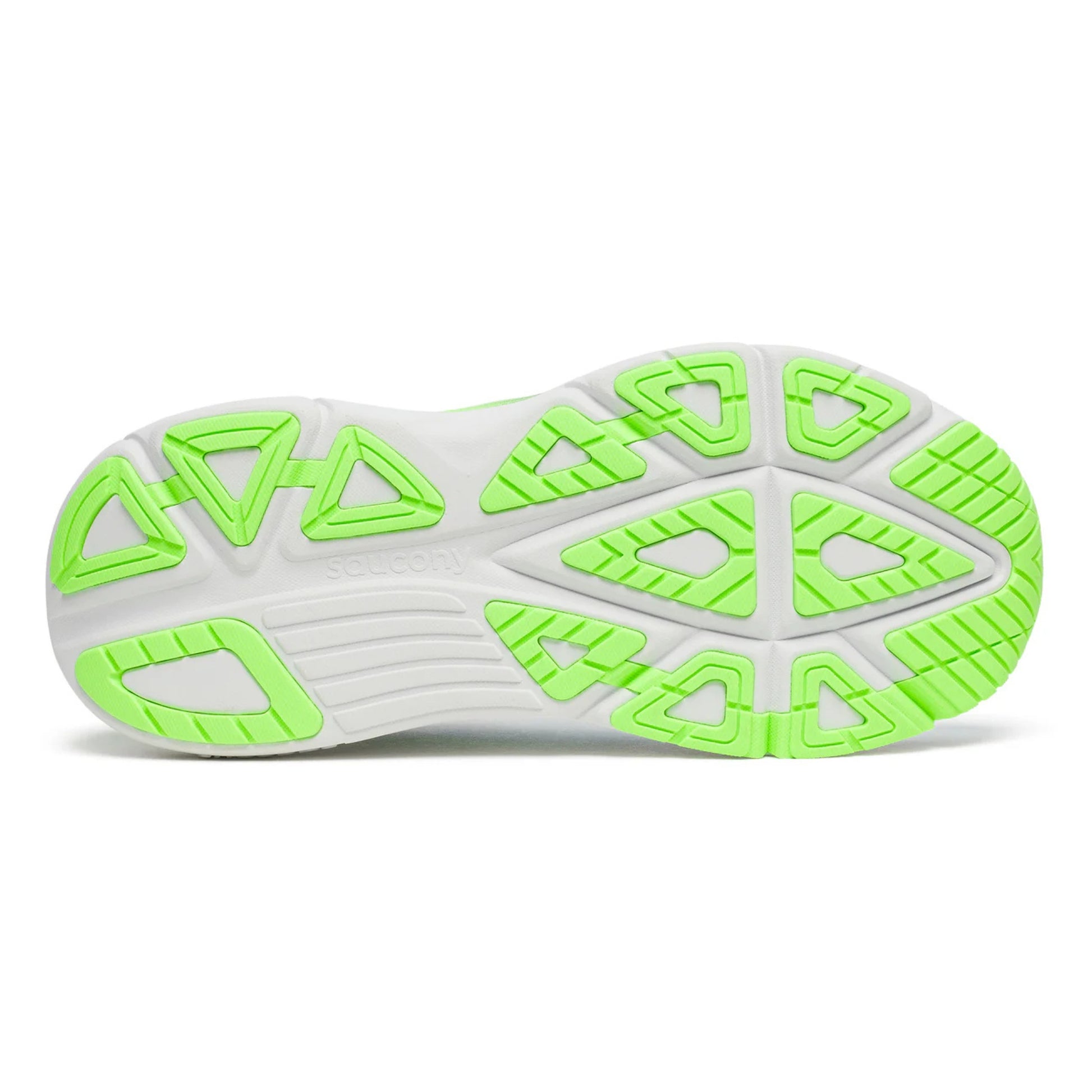 Close-up of a Saucony running shoe sole with green and white pattern on a white background