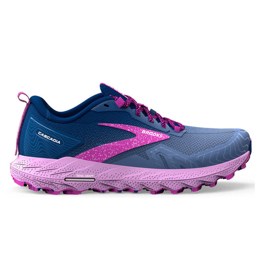 Blue and pink running shoe with 'Brooks' branding on a white background