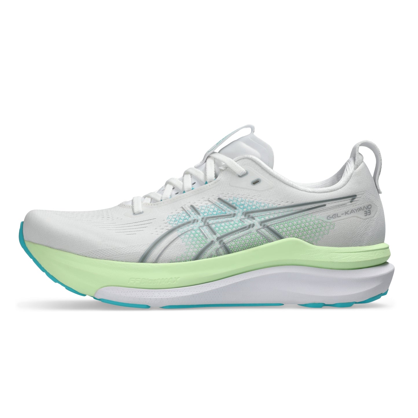 White Asics running shoe with green sole on a white background