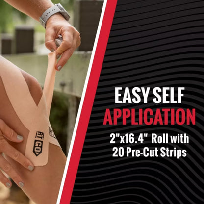 Person applying a strip of tape to their leg with text about easy self-application and product details.
