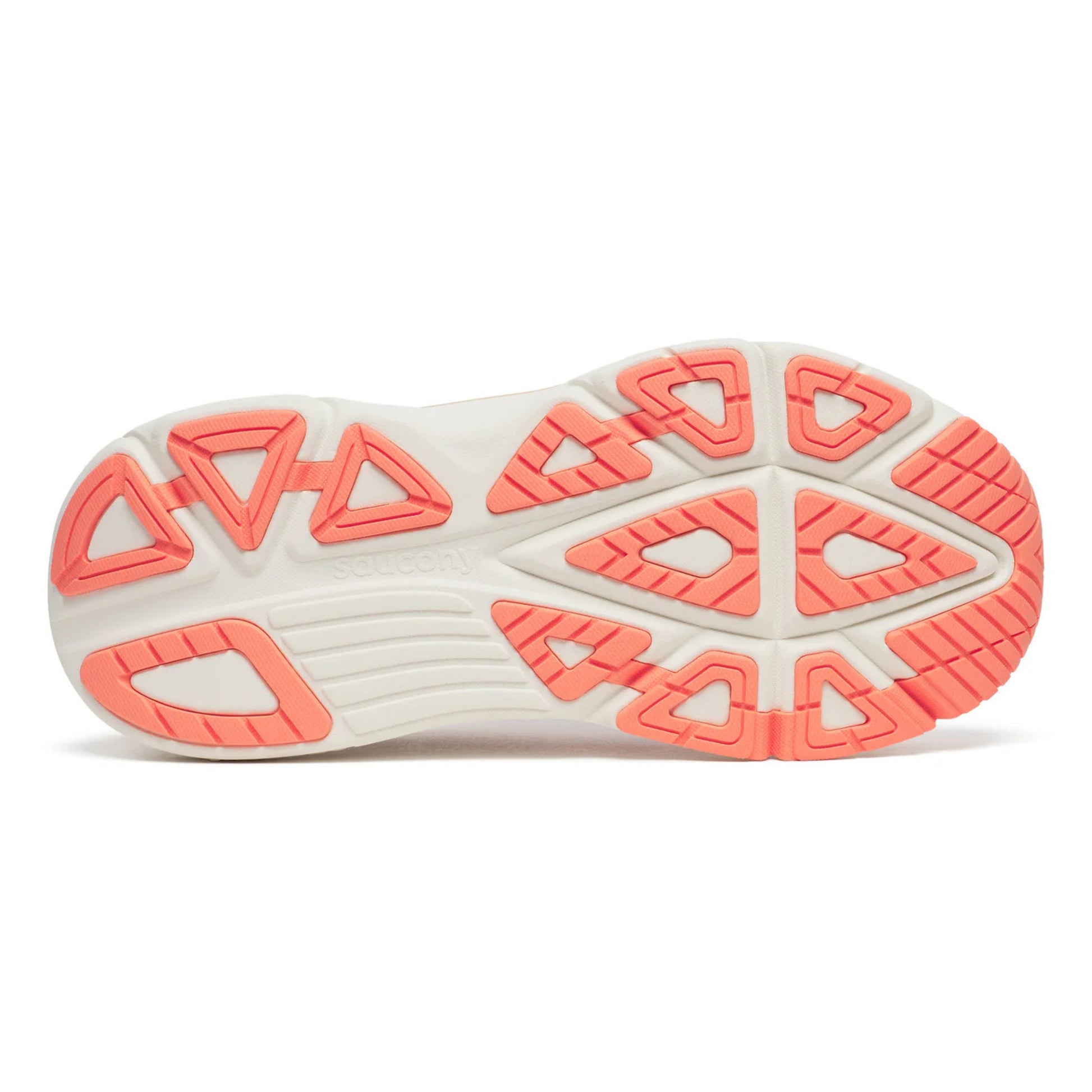 Close-up of a Saucony running shoe sole with orange and white pattern on a white background