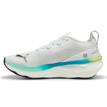 White running shoe with blue and yellow accents on a white background