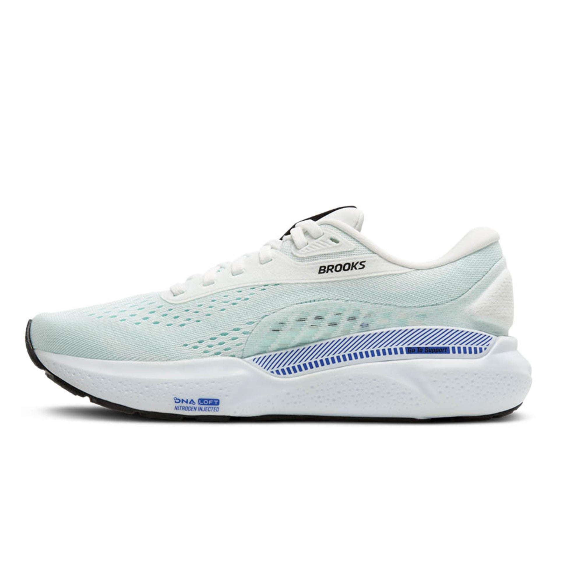 White with green and blue accents running shoe with white sole on a white background