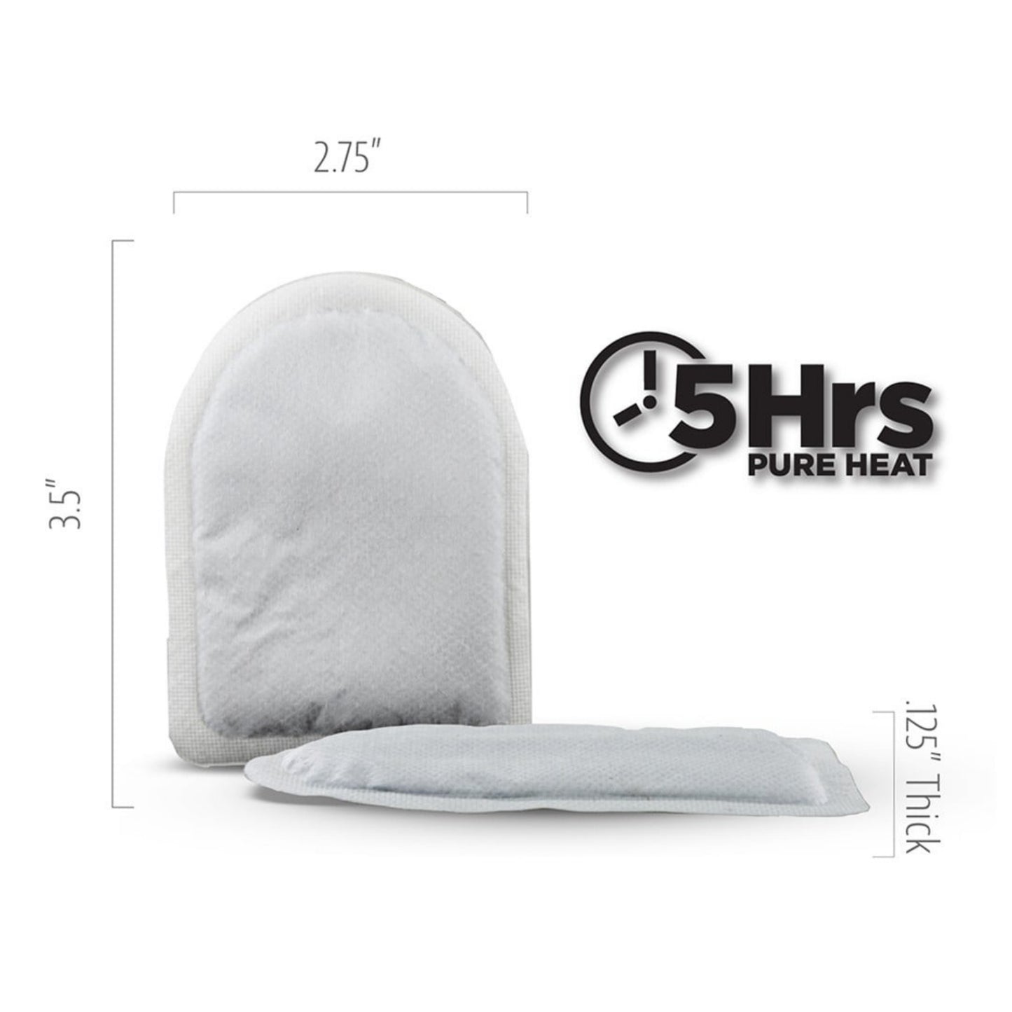 Gray pad with dimensions and '5 Hrs Pure Heat' branding on a white background