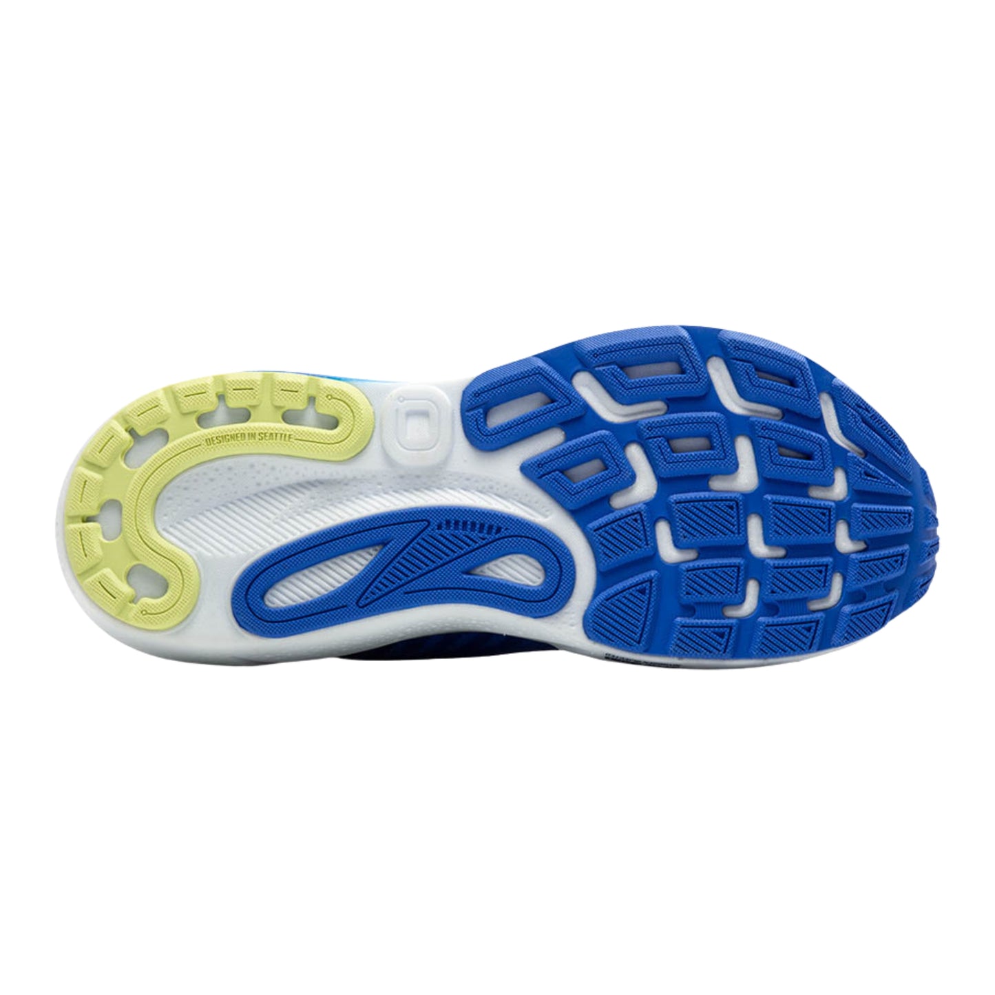 Close-up of a shoe sole with blue and yellow design on a white background