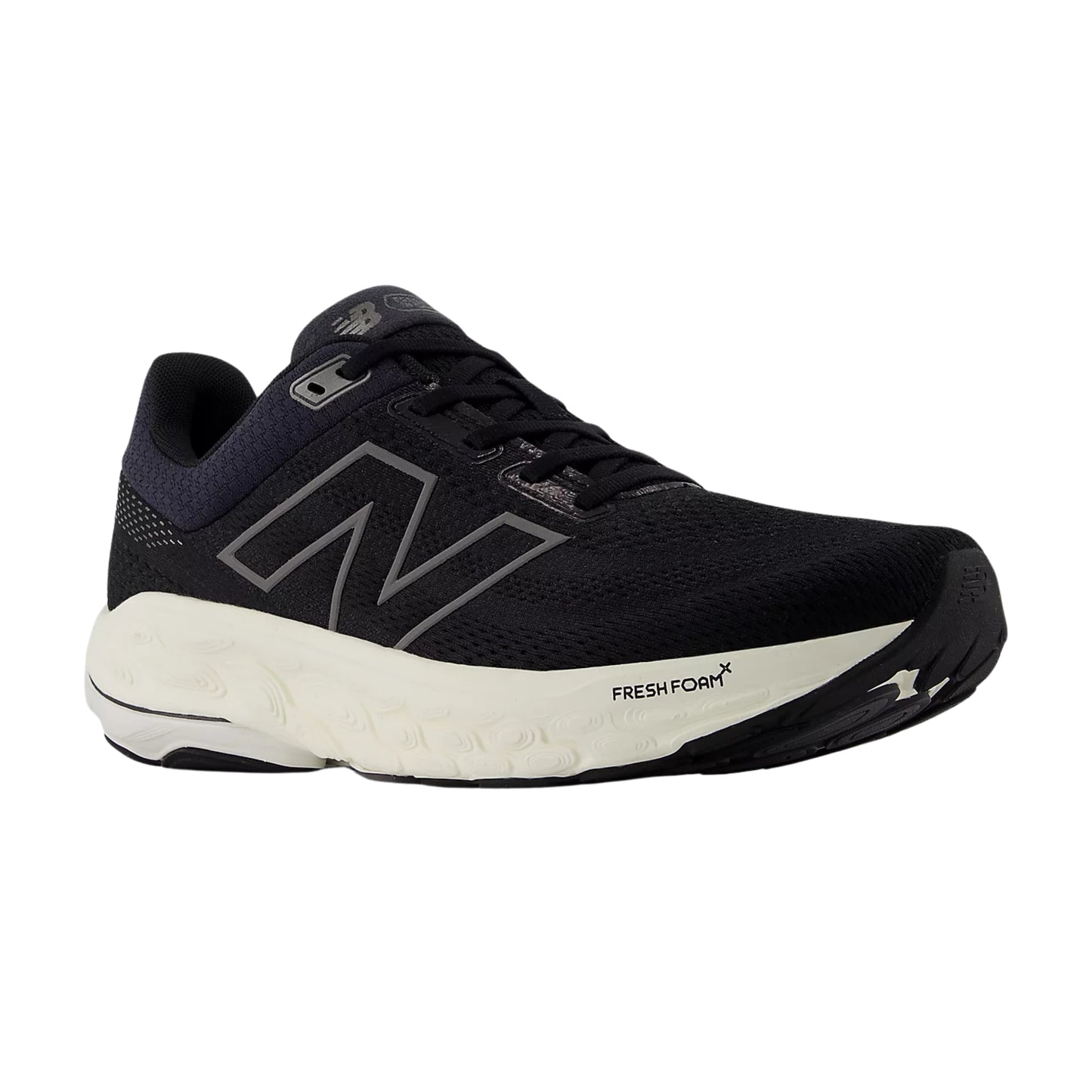 Black New Balance running shoe with white sole on a white background