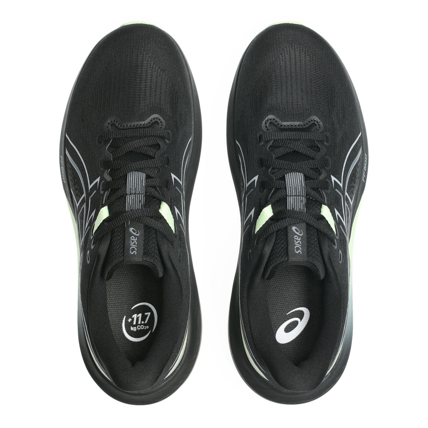 Black running shoes with visible brand logo on a white background