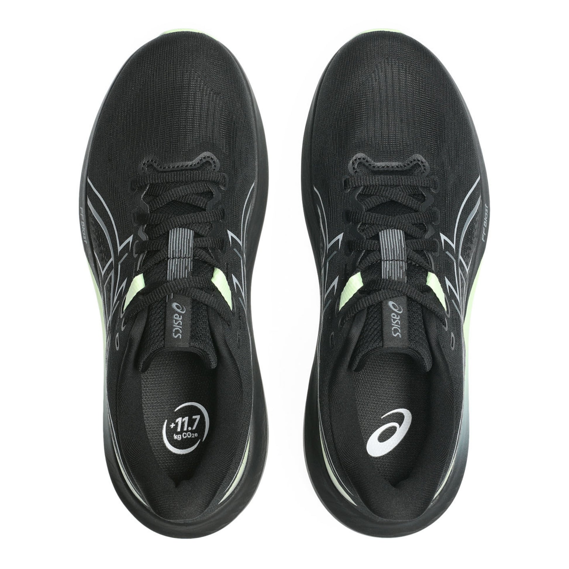 Black running shoes with visible brand logo on a white background