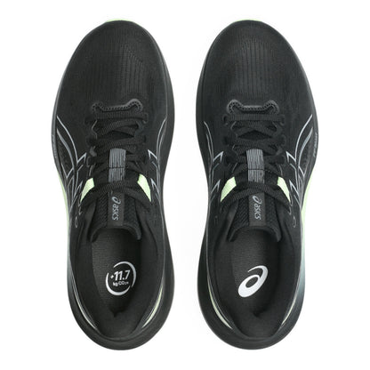 Black running shoes with visible brand logo on a white background