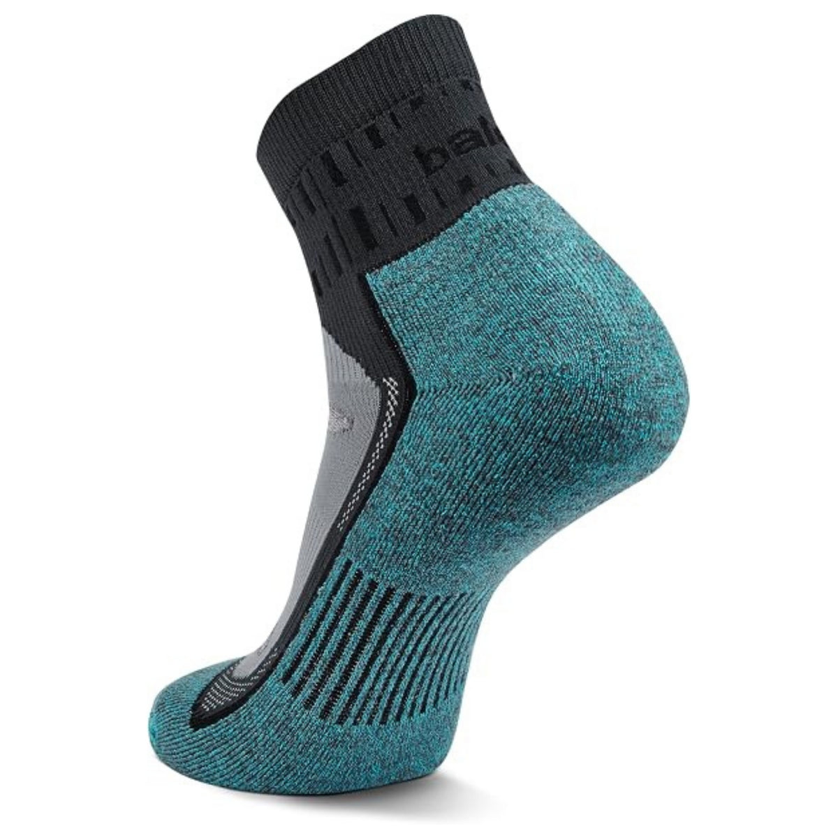 Multicolored sock with a brand logo on a white background