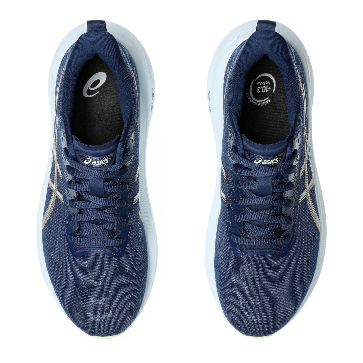 Pair of blue running shoes with white soles on a white background