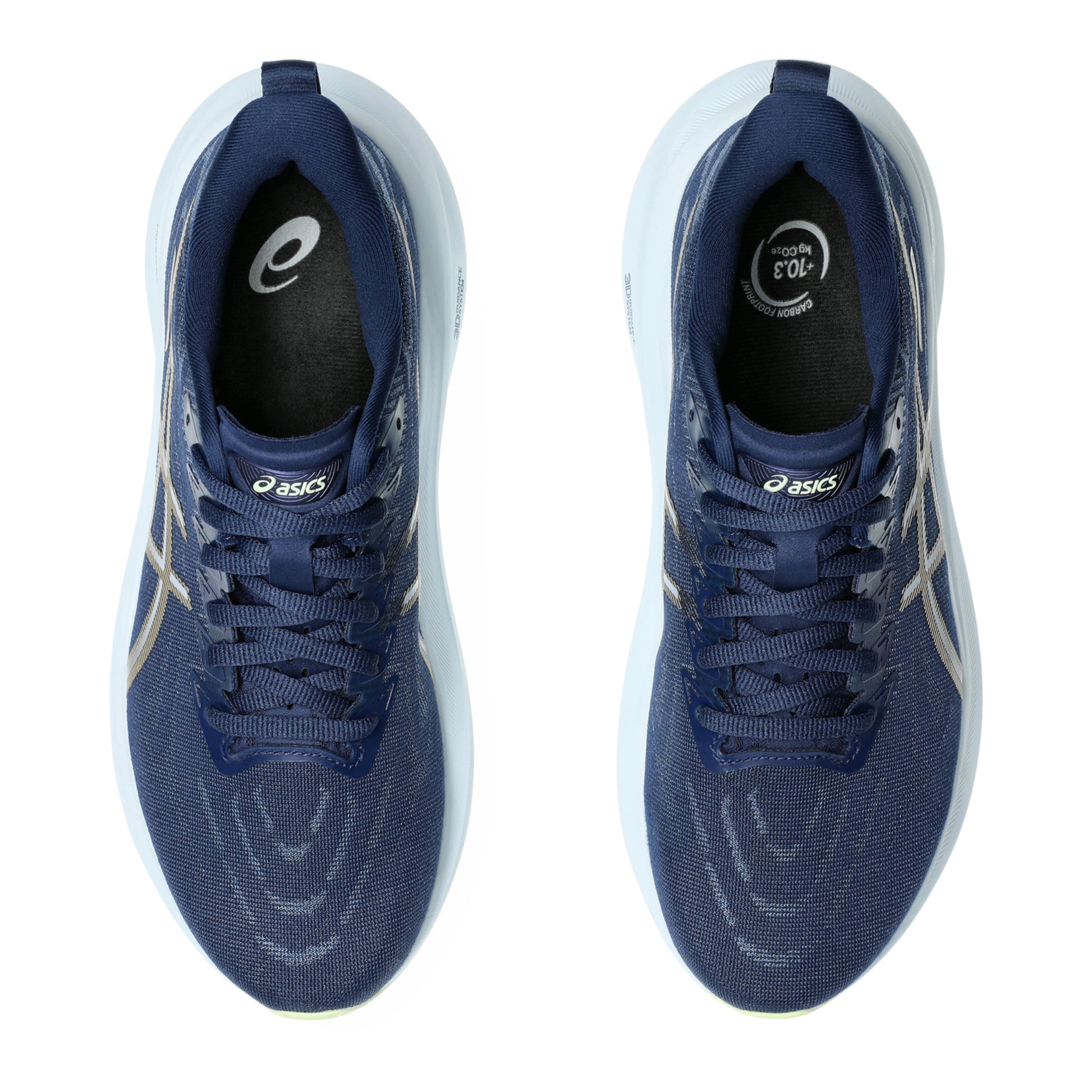 Pair of blue running shoes with white soles on a white background