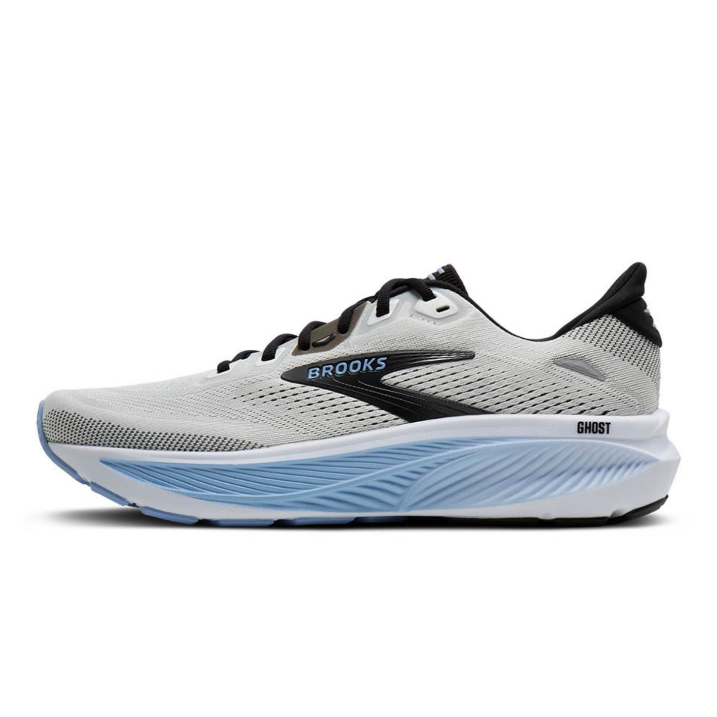 Brooks Ghost running shoe in light gray and white with black and blue accents, shown from a side profile on a white background.