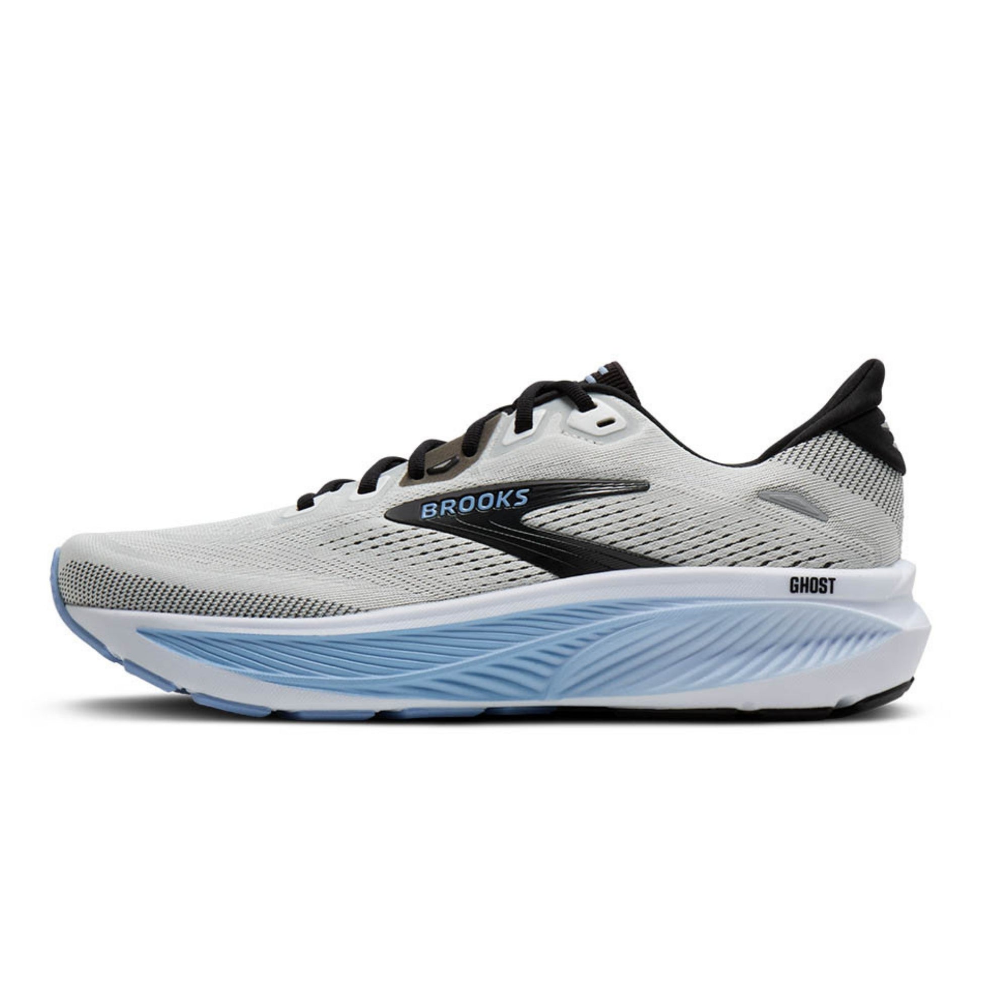 Brooks Ghost running shoe in light gray and white with black and blue accents, shown from a side profile on a white background.