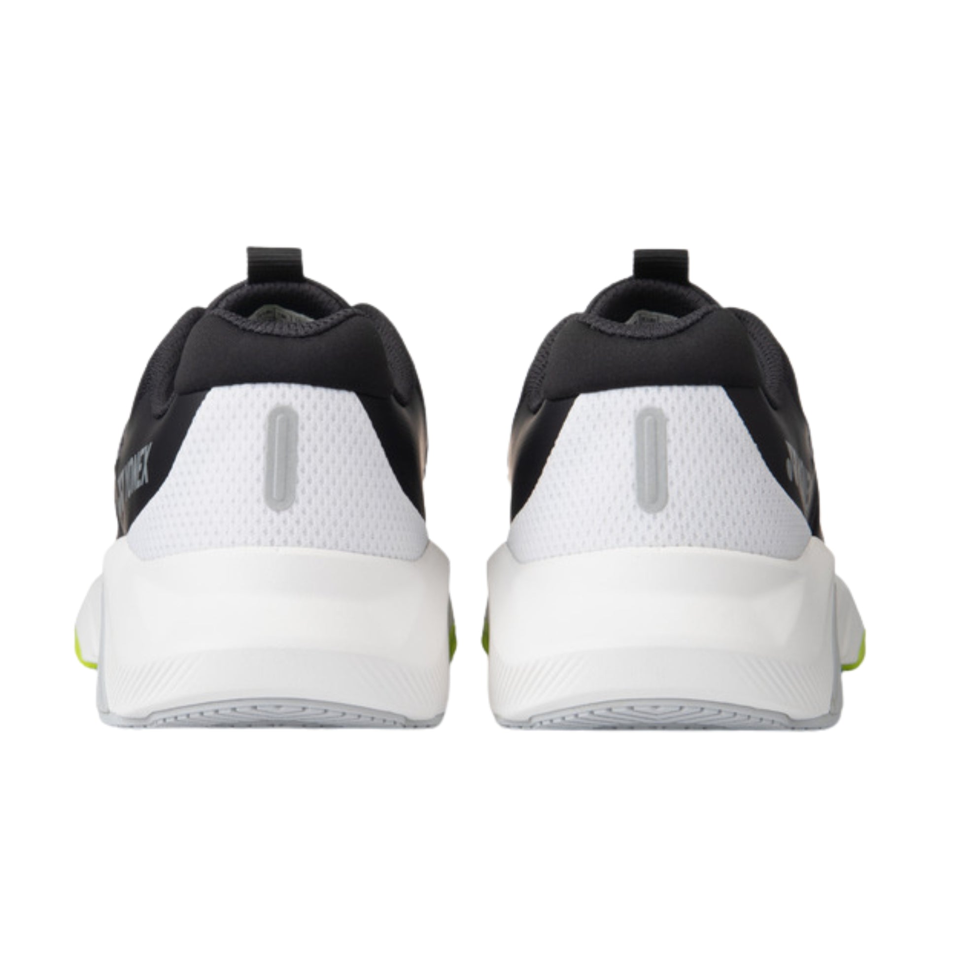 Black and white Yonex running shoes with a visible brand logo on a white background