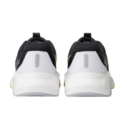 Black and white Yonex running shoes with a visible brand logo on a white background
