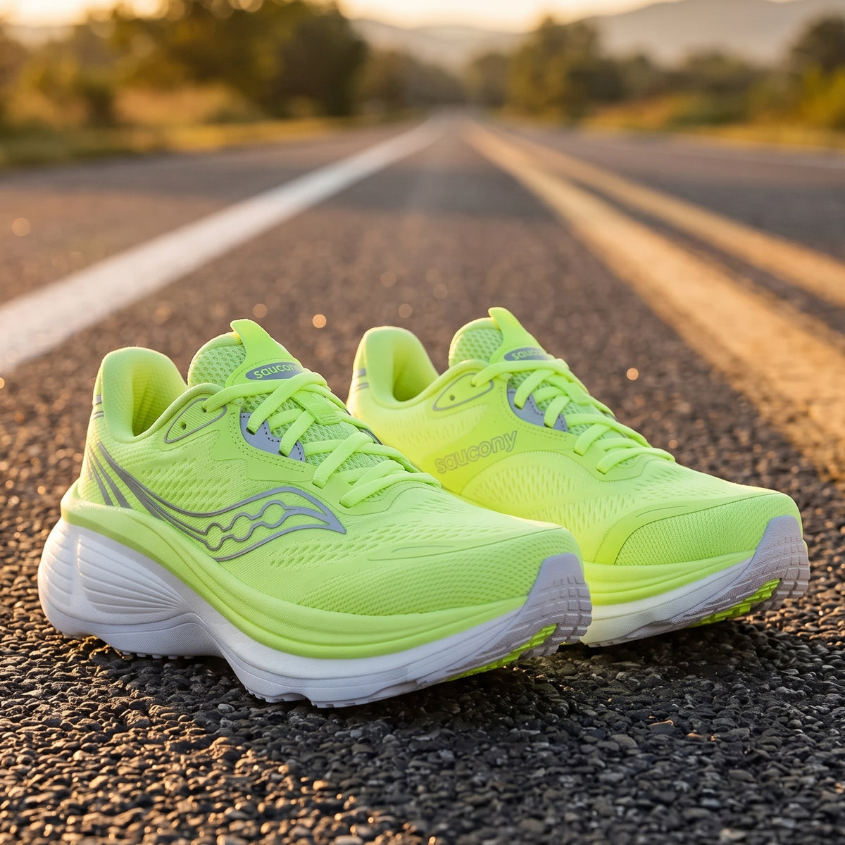 A pair of bright neon yellow-green Saucony running shoes placed on a paved road with blurred trees and hills in the background, suggesting an outdoor setting.