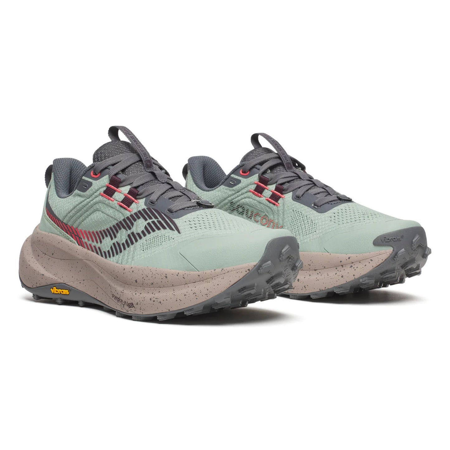 Pair of green and gray Saucony running shoes on a white background