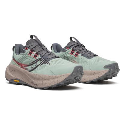 Pair of green and gray Saucony running shoes on a white background