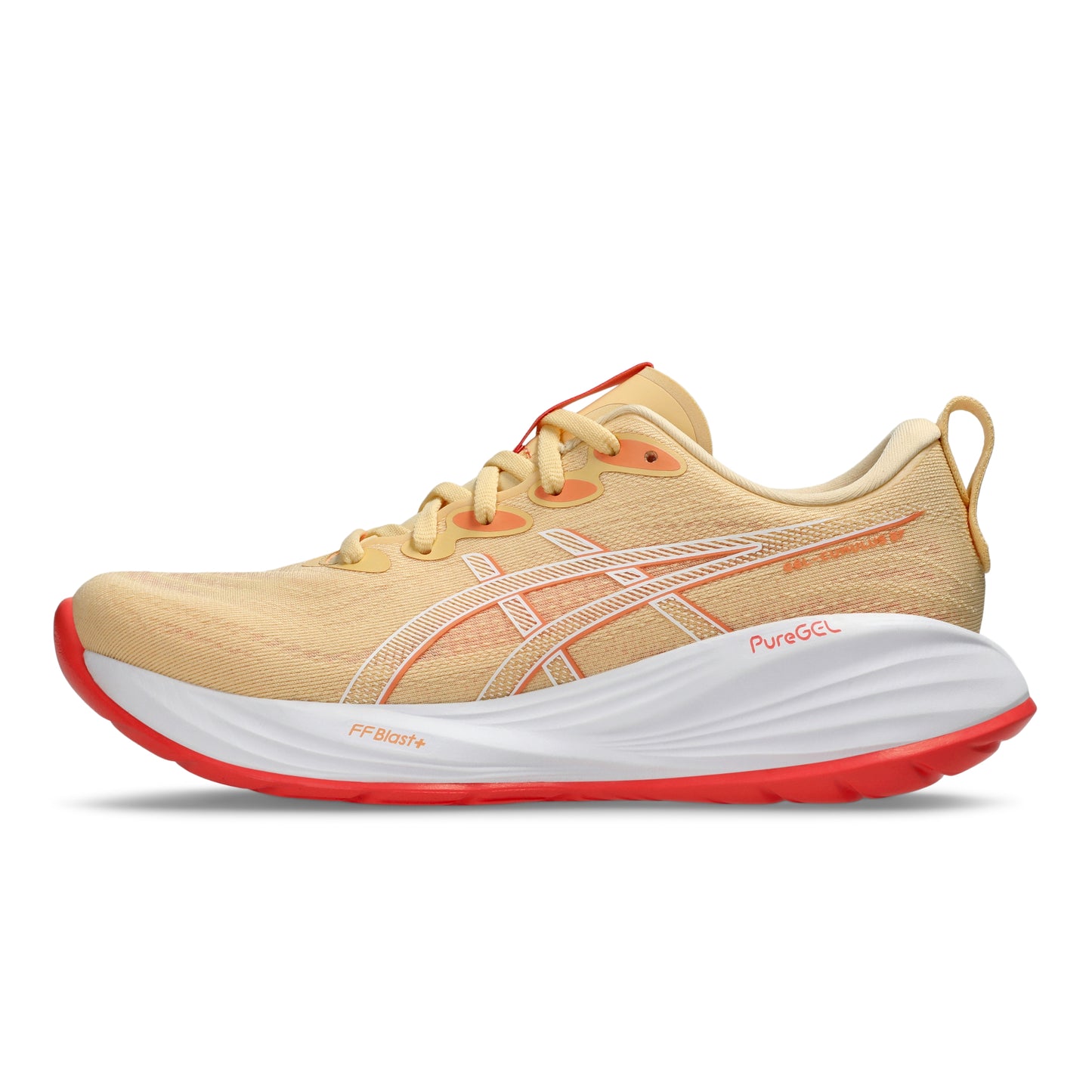 Light orange running shoe with red sole on a white background