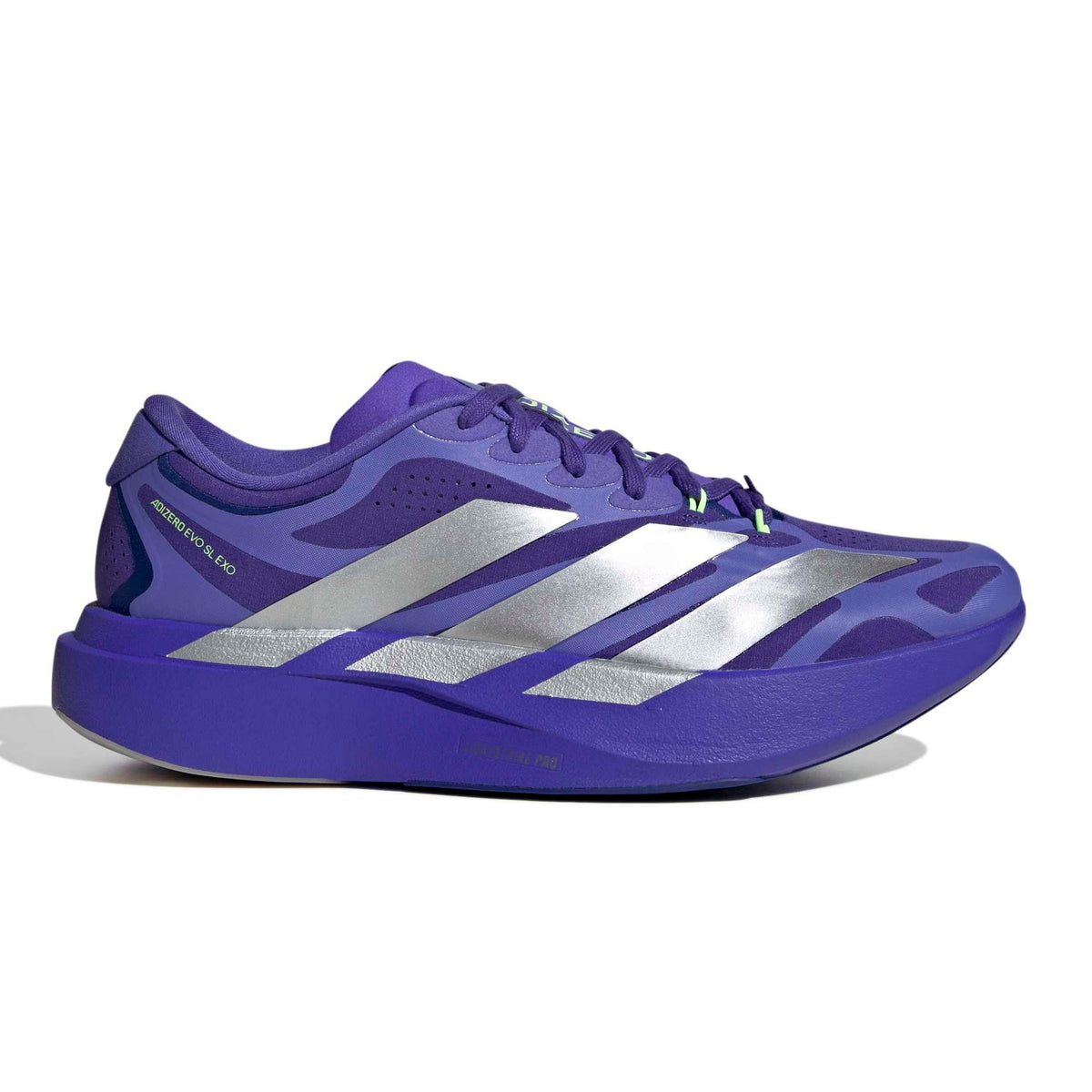 A blue Adidas running shoe with reflective silver stripes, shown in a side profile on a white background.
