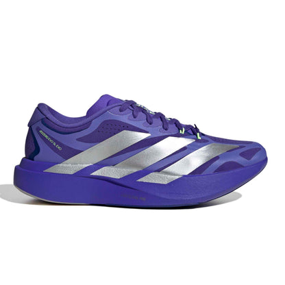A blue Adidas running shoe with reflective silver stripes, shown in a side profile on a white background.