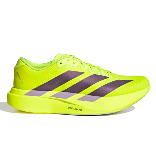 Bright yellow adidas running shoe with black stripes on a white background