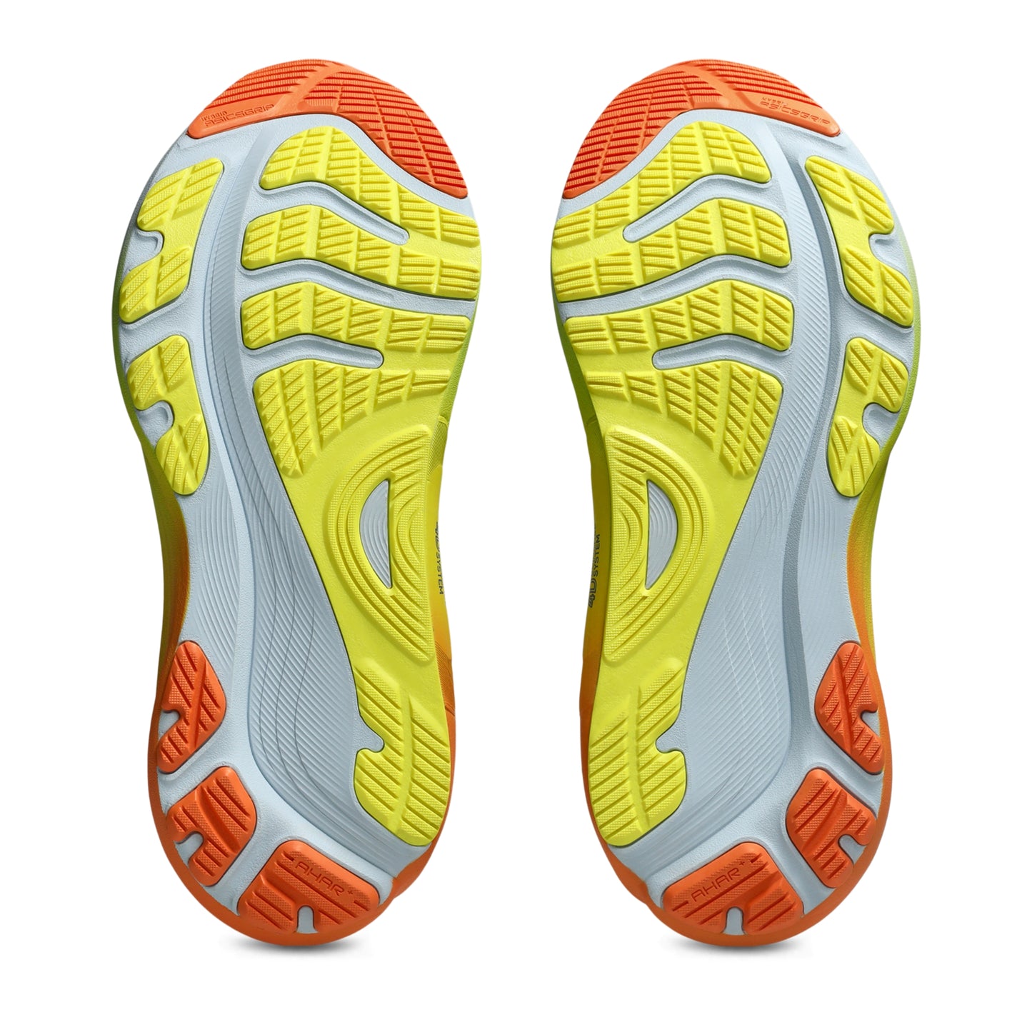 Bottom view of Asics running shoes with orange and yellow thread pattern on a white background