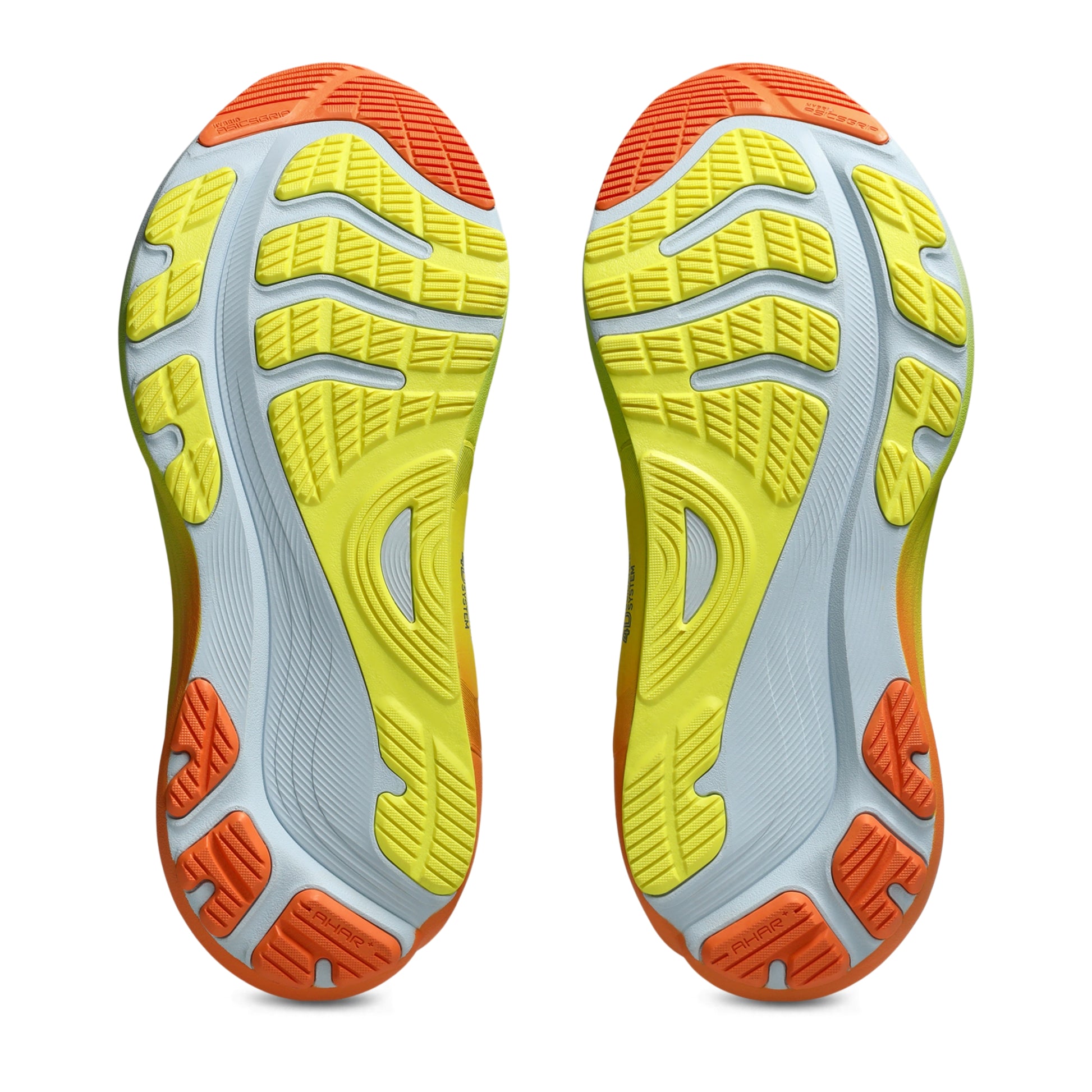 Bottom view of Asics running shoes with orange and yellow thread pattern on a white background