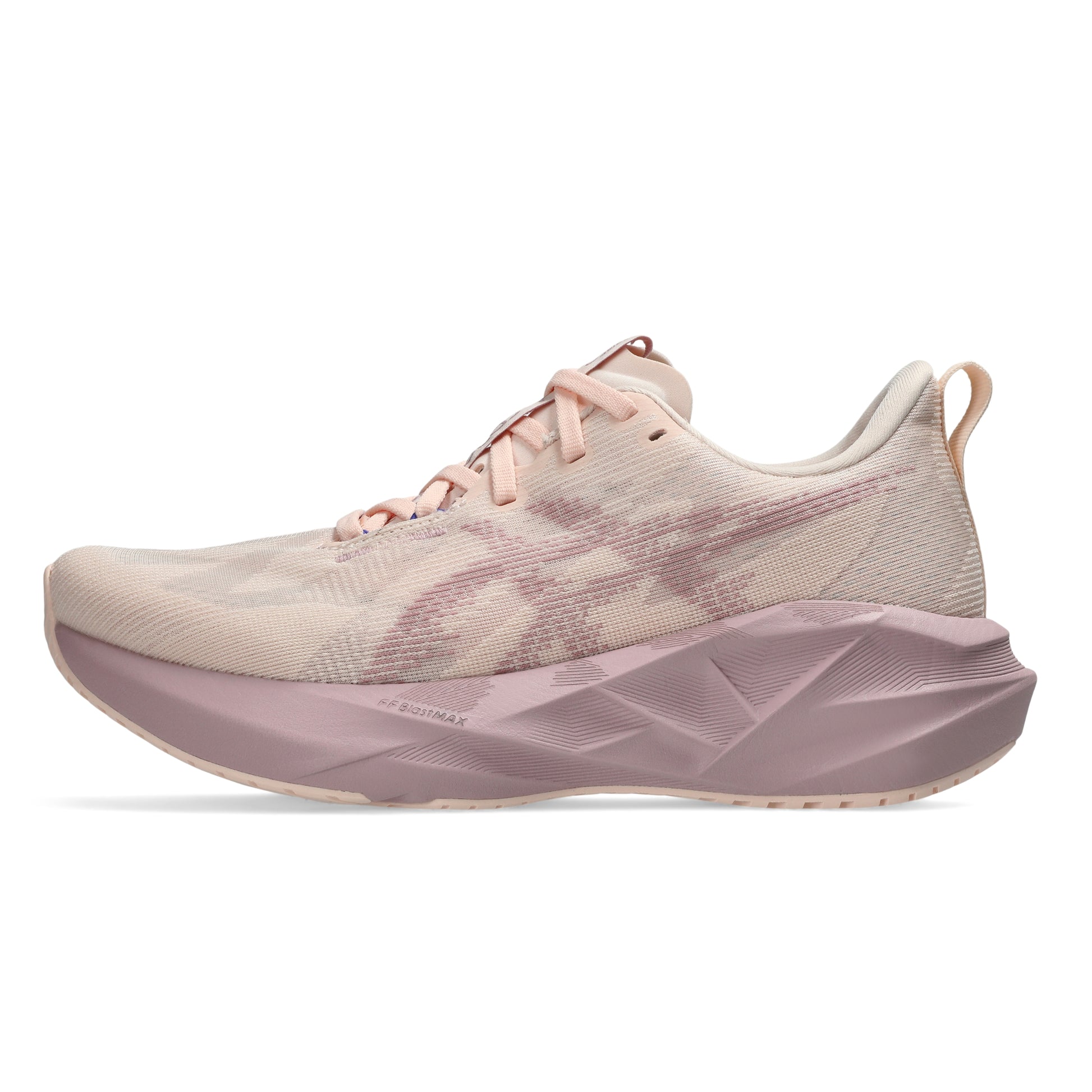 Pink Asics running shoe on a white background