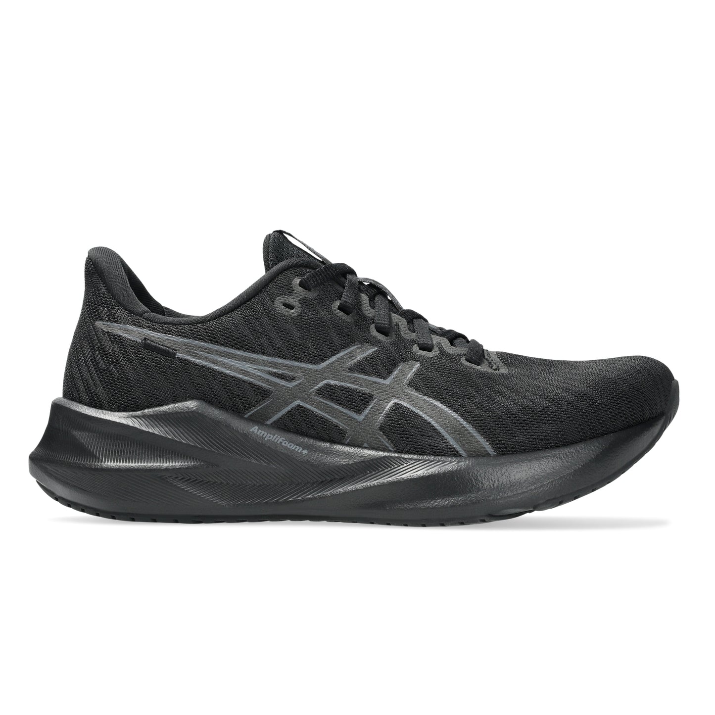 Black Asics running shoe with a prominent brand logo on a white background