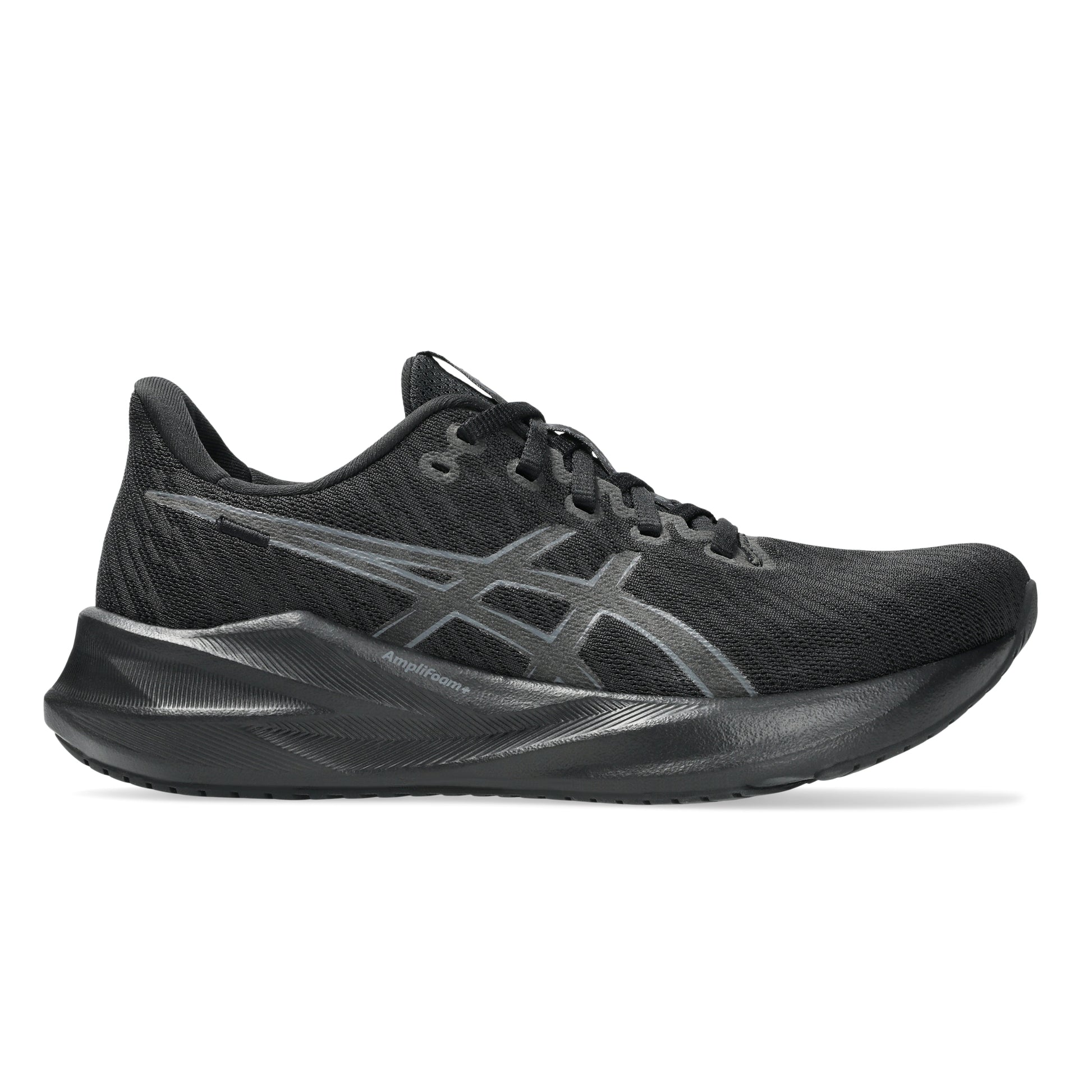 Black Asics running shoe with a prominent brand logo on a white background