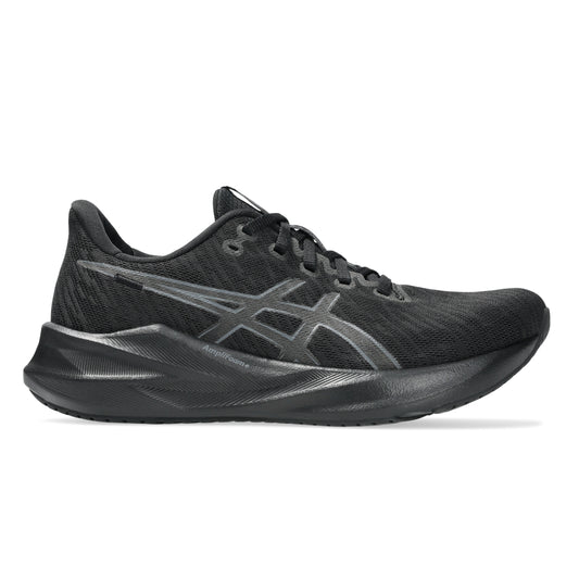 Black Asics running shoe with a prominent brand logo on a white background
